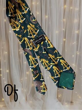 Celine Dark Green and Gold Equestrian Silk Scarf Tie
